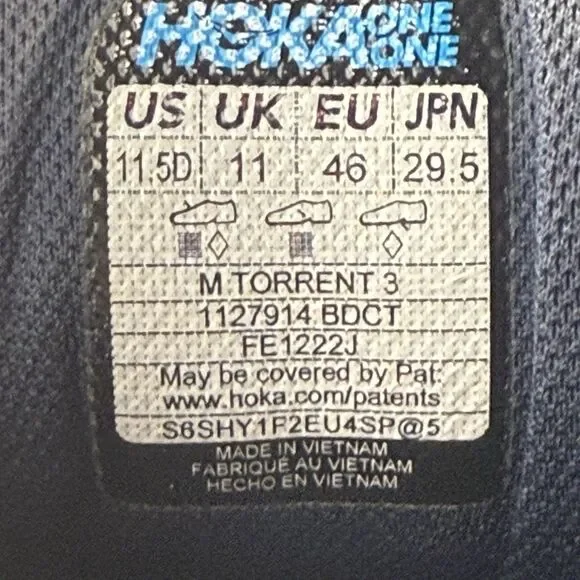 Hoka One Torrent 3 Men's Size 11.5 D Blue Running Shoes Sneakers 1127914 BOCT - Picture 8 of 8